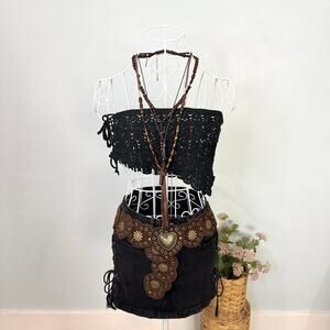 Stunning vintage fairy black crochet knit tube top/ micro rave skirt